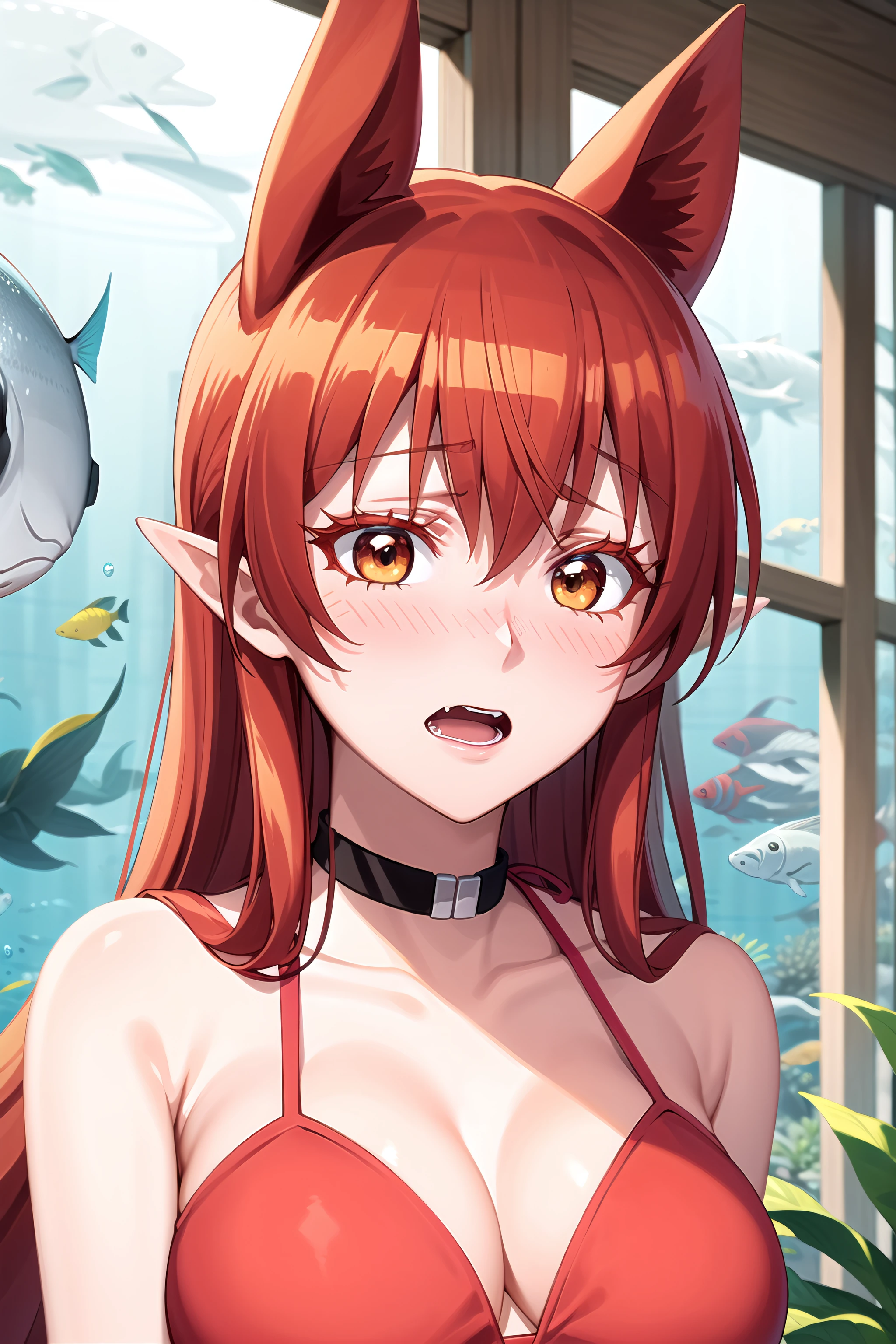 ((masterpiece, best quality)), high resolution,ultra detailed,8k,16k,detailed background, perfect lighting,detailed beautiful eyes, 1girl,solo,embarrassed,blush,show off nipple,steam,sweat,in heat,heavy breathing,saliva,drool stringing,drivel,(evil smile:1.2),look at viewer,(open mouth,oral,spread mouth,show oral:1.3),ahegao,close up mouth,(from above:1.2), (pov:1.4),(front view:1.2), provocative eyes,fisheye lens,be breathless,show off breast,in heat,stick tongue out,kneeling
,small breast,slender,fair skin,nilou \(genshin impact\),long orange hair,blue eyes,short body,short stature,(seaside beach,stone,swimwear,topless)