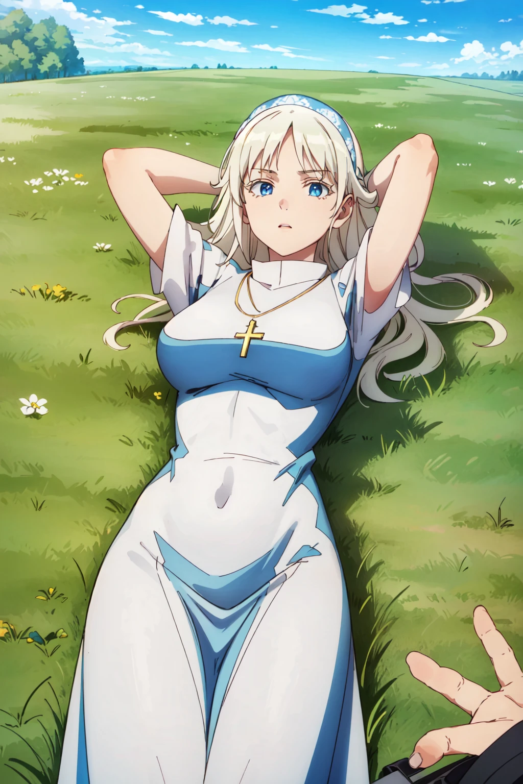 white background:2, <lora:BeastTamer_Mina_by_minion-10:0.7>, mina, blue dress, white dress, maxi dress, cross necklace, cowboy shot, lying, arms above head, blue sky, grassy field, looking at viewer, 1girl, solo, high contrast, sharp focus, masterpiece, best quality, highly detailed, HDR, highest quality, highres, sharp focus, 8k, 16k, skin pores, dynamic lights, realistic shadows, best shading, award winning masterpiece