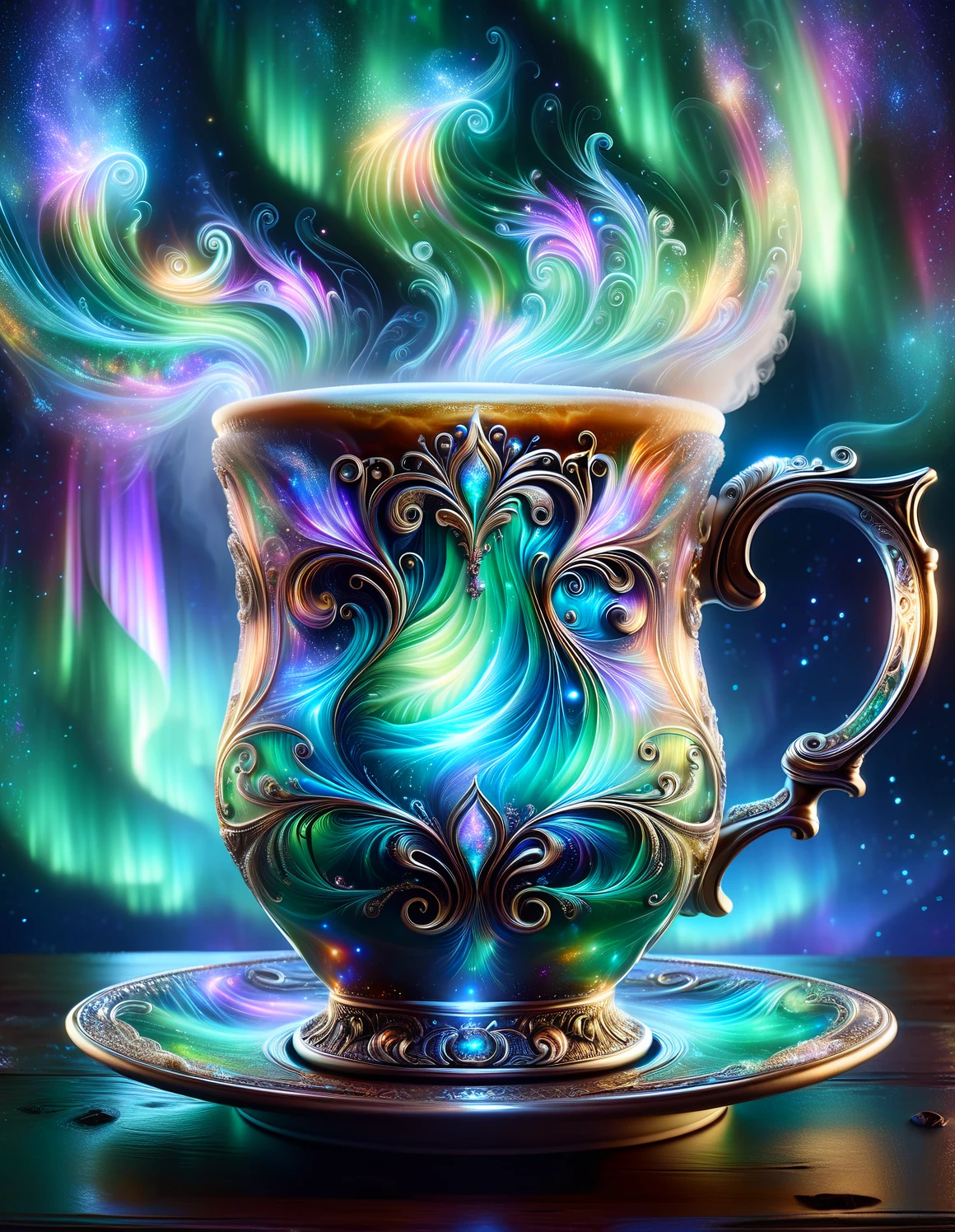 <lora:SDXLAuroraStyle:1> Aurorastyle, an ornate transparent cup of coffee, ornate mug, beautiful, elegant, detailed, macro, up close, the heavens fill the cup, aurora steam
