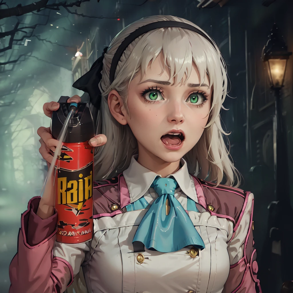 1girl, IncrssprayRaid, <lora:VictorVanDortSprayingRaidAndScreamingMeme:1>, open mouth, holding, elie macdowell, green eyes, hairband, blue ascot, hair ribbon, long sleeves, <lora:Char_OC_ElieMacDowell:0.9>