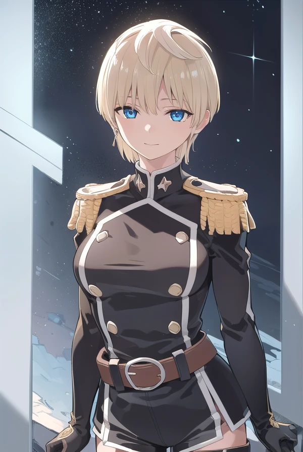 tenkaizumo, <lora:tenka izumo manga-lora-nochekaiser:1>,
tenka izumo, short hair, blue eyes, blonde hair, smile,
BREAK thighhighs, gloves, jewelry, earrings, boots, shorts, belt, uniform, military, military uniform, thigh boots, epaulettes,
BREAK outdoors, space, starry sky, star \(sky\), moon,
BREAK looking at viewer, (cowboy shot:1.5),
BREAK <lyco:GoodHands-beta2:1>, (masterpiece:1.2), best quality, high resolution, unity 8k wallpaper, (illustration:0.8), (beautiful detailed eyes:1.6), extremely detailed face, perfect lighting, extremely detailed CG, (perfect hands, perfect anatomy),