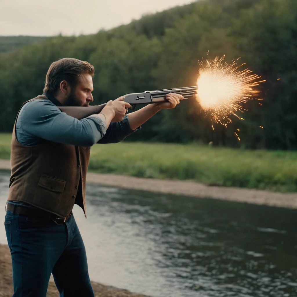 cinematic film still of <lora:Shotgun:1.5>
Shotgun a man firing a Shotgun with muzzle flash in front of a river perfection, shallow depth of field, vignette, highly detailed, high budget, bokeh, cinemascope, moody, epic, gorgeous, film grain, grainy
