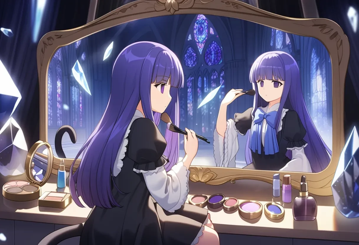 <lora:frederica_bernkastel:1.0>1girl, frederica bernkastel, very long purple hair, sitting, looking at mirror, looking at another, reflection, (applying cosmetics:1.2), brush, black dress, blank eyes, inexpressive face, tail bow, tail ornament, cat tail, night, moonlight, (black flower:1.2), cathedral, floating crystal, sparkle, 

cinematic photo (masterpiece), (best quality), (ultra-detailed), official art, detailed eyes, perfect composition,intricate details, . 35mm photograph, film, bokeh, professional, 4k, highly detailed