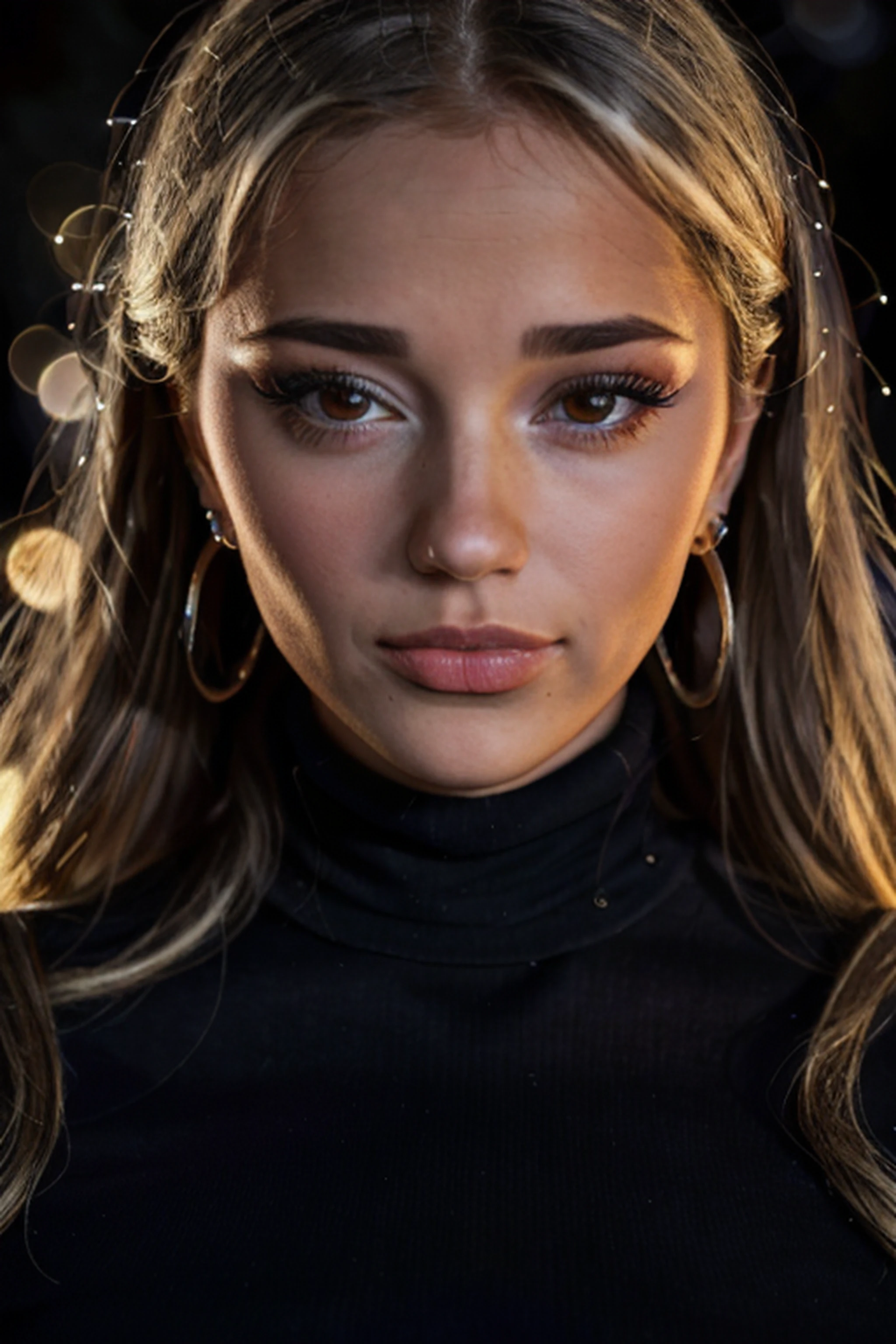 br3ck1eh1ll, a close up portrait of a beautiful woman, extreme close up, starry night, ((bokeh, rim lighting, dramatic, cinematic)), turtleneck top, intricate long blonde hairstyle, looking at viewer, face focus, perfect lighting, jewelry, eyeliner, mascara, necklace, earrings, makeup, 24mm, 4k textures, realistic, 8k, dslr <lora:BreckieHill_v1-000025:0.9>