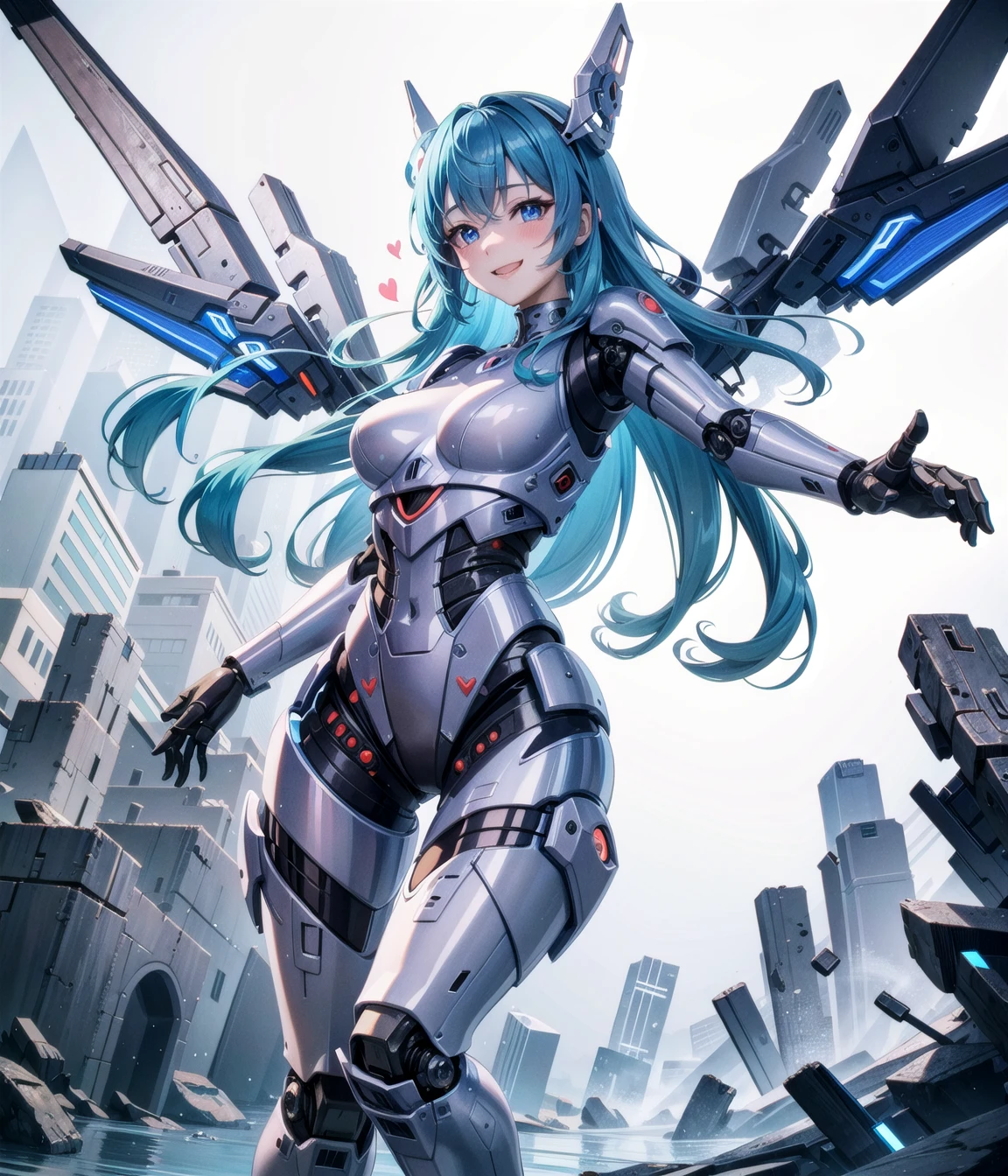 In the best illumination, this official art captures the moment when the elegant extraterrestrial robot girl is smiling confidently. Titanium skin is highlighting her artificially-carved perfect female body proportion. Robot girl is hovering by rocket booster bulit in her mechanical boots, while mechanical wings also operated.<lora:Blue Robot Girl:0.55>, robot girl, (yuko(pixiv):1.4), android, mechanical wings, robot ears, blue hair, metal skin, glowing armor, reflective sheen, polishing, titanium, flying, cinematic lighting,rim lighting