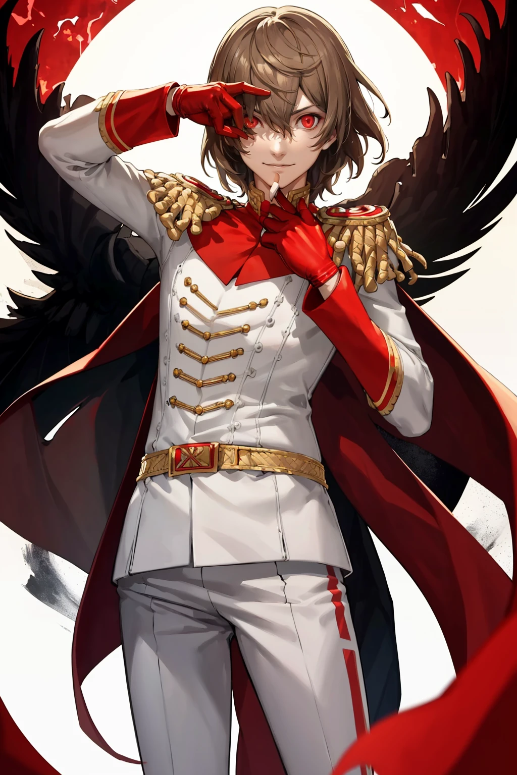 masterpiece, best quality, solo, 1boy, looking at viewer, smirk, <lora:Akechi_Fp:1>, akechicrow, uniform, epaulettes, gloves, white pants, red cape, (hand on own face), standing, (glowing eyes),