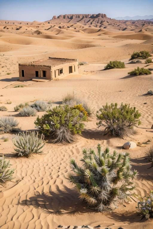 An abandoned desert outpost with rusty ruins and tumbleweeds rolling across the arid terrain