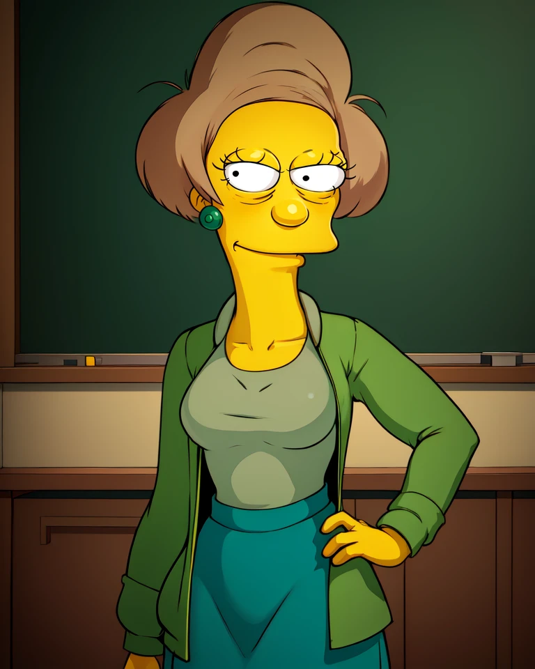 Edna,yellow skin,black eyes,grey or brown hair,
green jacket,grey sweater,earrings,
class room,desk,chalkboard,standing,smile,dress shirt,
the simpsons,
(insanely detailed, beautiful detailed face, masterpiece, best quality),<lora:ednakrabappel:0.8>,
