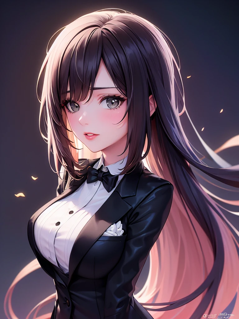 realistic upper body portrait photography of raqcuel darrian a beautiful 35 year old brunette clothed curvy woman model with big long straight hair wearing a AnzhcTuxedo tuxedo, dark neon sky background, volumetric light, ultra high res, best shadow, RAW <lora:racquel_darrian_v1.0:0.6> <lora:AnzhcTuxedo_679805:1>