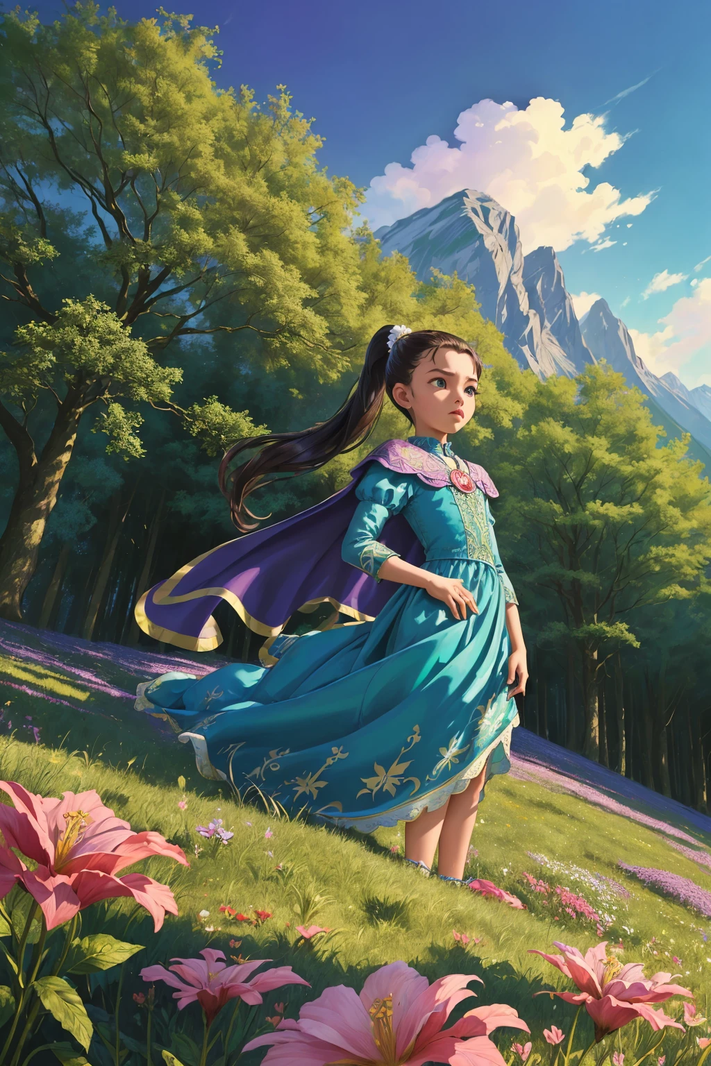 (Style-DA:1.6) zrpgstyle, AS-YoungV2, medieval child princess teal dress, elaborate, ornate, adventurer cape, action scene, (top pony tail:1.1), standing in a tall field of flowers, (large foreground flowers framing the composition:1.3), tree canopy overhead (alpine mountains:1.1), clear sky, (masterpiece) (best quality) (detailed) (intricate)