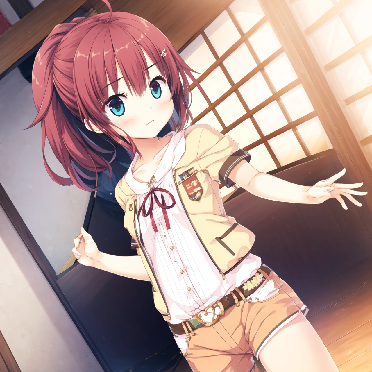 1girl,solo,hair ornament,shorts,shirt,long hair,white shirt,collarbone,short sleeves,ribbon,flower,open clothes,short shorts,closed mouth,hair between eyes,looking at viewer,neck ribbon,bangs,indoors,hair flower,dutch angle,red ribbon,red hair,shiny hair,blush,standing,hairclip,white flower,shiny,jacket,ponytail,brown hair,open jacket,ahoge,yellow jacket,dress shirt,orange shorts,belt,wooden floor,red shortsr,<lora:migita hibiki:0.8>,<lora:Youzi5-000025:0.7>,