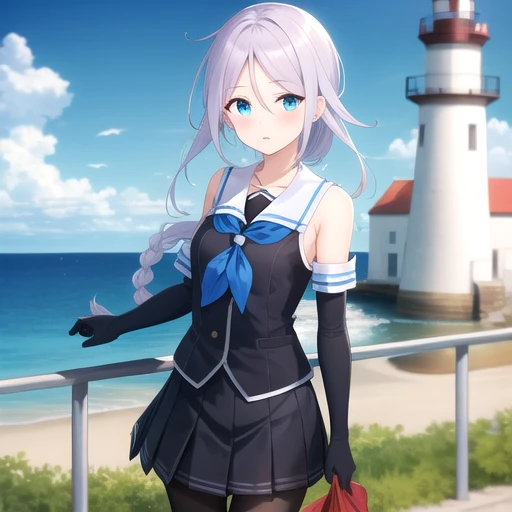 ((masterpiece)),(best quality),official art,extremely detailed CG,unity 8k wallpaper,ultra detailed,A lighthouse on a cliff by the sea,1girl,solo,cowboy shot,very_long_hair,single_braid,school_uniform,mole_under_eye,blue_eyes,black shirt,serafuku,black_gloves,elbow_gloves,grey_hair,neckerchief,blue_neckerchief,bare_shoulders,pleated_skirt,sleeveless,black_skirt,black_pantyhose,collared_shirt,loafers,<lora:Umikaze(kan)>,