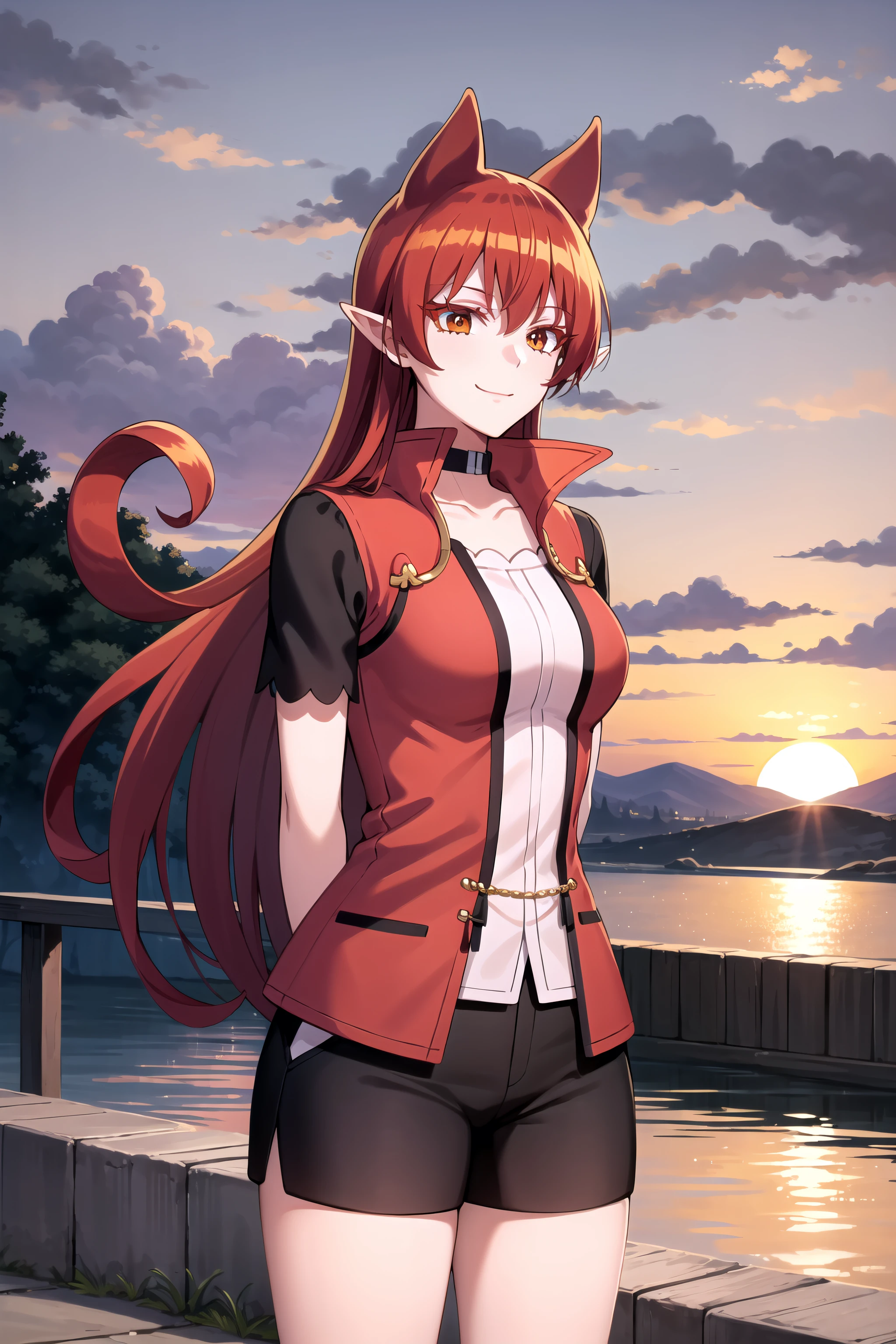 best quality, masterpiece, detailed,
<lora:MairimashitaIrumaKun_AzazelAmeri:0.8>, AzazelAmeri,
light smile, closed mouth, happy,
red hair, very long hair, hair horns, orange eyes, pointy ears, animal ears,
AmeriCasual, black collar, collarbone, short sleeves, shorts, red vest, open clothes, pink shirt,
standing, looking at the viewer, arms behind back,
outdoors, (sunset:1.2)