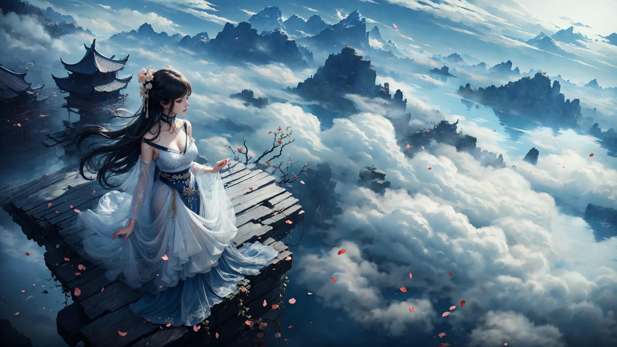 traditional chinese landscapemasterpiece, best quality,Peach blossoms, petals falling(wide shot, wide-angle lens,Panoramic:1.2),super vista, super wide AngleLow Angle shooting, super wide lens, 1girl, art direction of a character in traditional oriental costume, in the style of ethereal, ghostly figures, mist, i can't believe how beautiful this is, white and gray, swirling vortexes, ethereal cloudscapes, feminine sensibilities(from above:1.2),
<lora:~Q?-l4Nafo traditional chinese landscape:0.8>