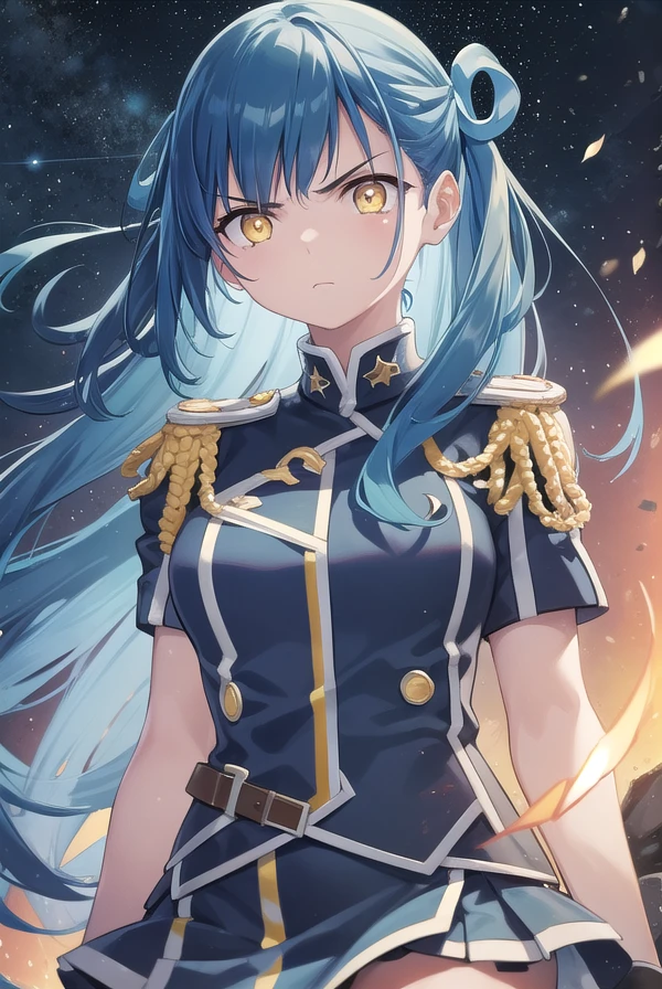 himariazuma, <lora:himari azuma manga-lora-nochekaiser:1>,
himari azuma, long hair, hair rings, (blue hair:1.5), (yellow eyes:1.5), frown, angry,
BREAK skirt, thighhighs, epaulettes, military, military uniform, black uniform,
BREAK outdoors, space, starry sky, star \(sky\), moon,
BREAK looking at viewer, (cowboy shot:1.5),
BREAK <lyco:GoodHands-beta2:1>, (masterpiece:1.2), best quality, high resolution, unity 8k wallpaper, (illustration:0.8), (beautiful detailed eyes:1.6), extremely detailed face, perfect lighting, extremely detailed CG, (perfect hands, perfect anatomy),