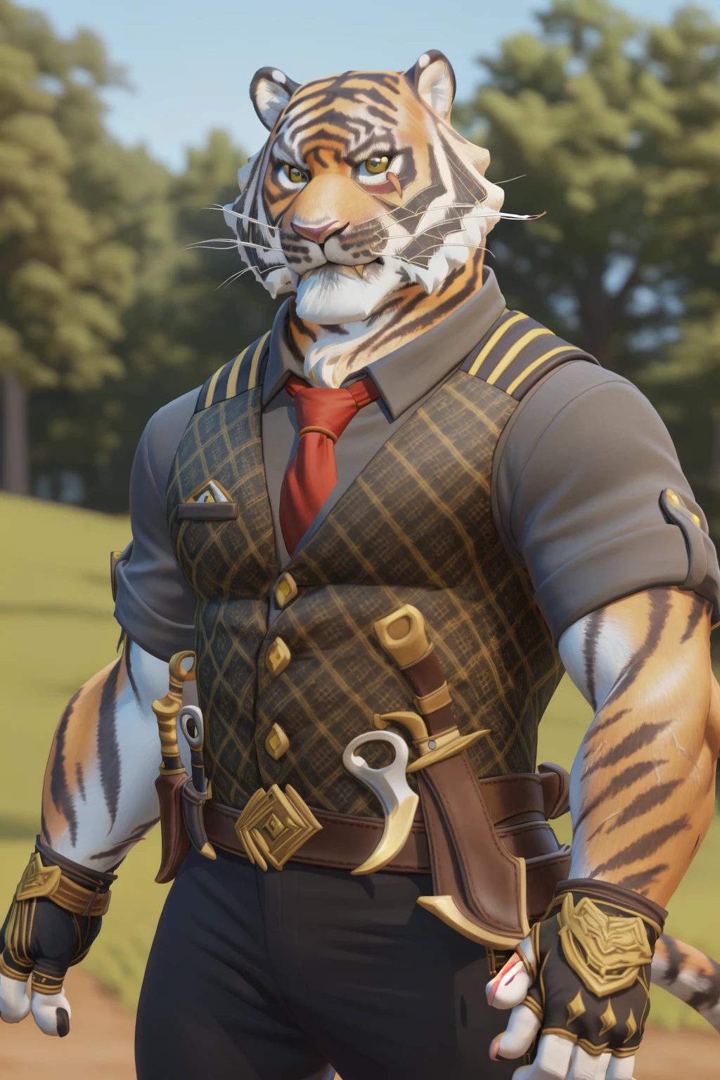 <lora:oscarV2-06:1>, oscarfn, yellow eyes, (tiger tail:1.4), (posing:1.3), (soft shading), 4k, hi res, five fingers, detailed hands, ((detailed face, (detailed eyes:1.5), detailed)), by zackarry911, by zaush, (by personalami:0.5), shirt, gloves, 1boy, holding, weapon, male focus, necktie, teeth, collared shirt, belt, pants, fingerless gloves, vest, blurry background, feet out of frame, scar, formal, knife, black vest, yellow sclera,