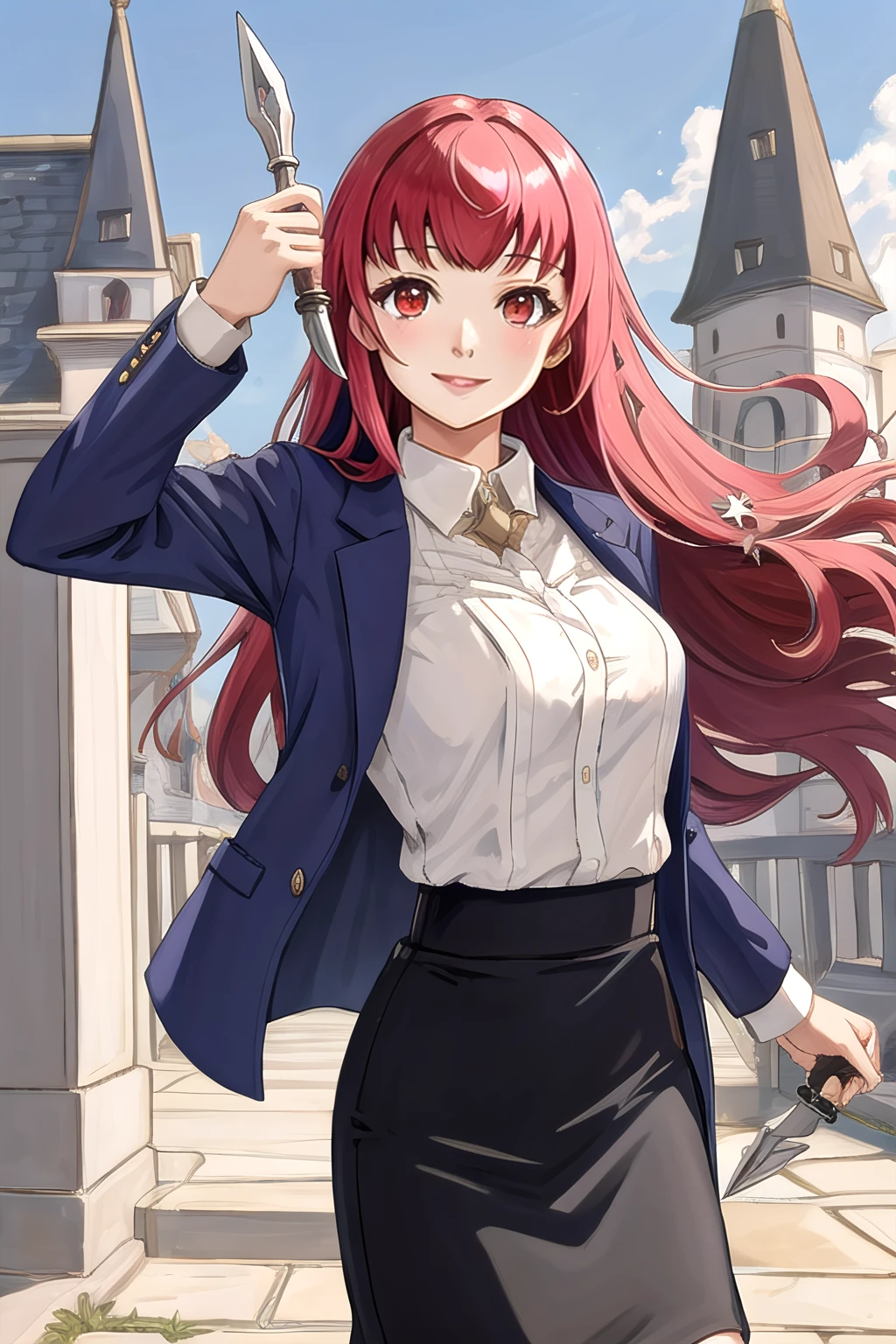 <lyco:UnlimitedBladeWorks1.6:0.9>, <lora:yunaka-10:0.8>, yunaka fe, castle background, smile, cowboy shot, jacket, pencil skirt, long sleeves, black skirt, shirt, collared shirt, red eyes, holding, weapon, holding weapon, holding knife