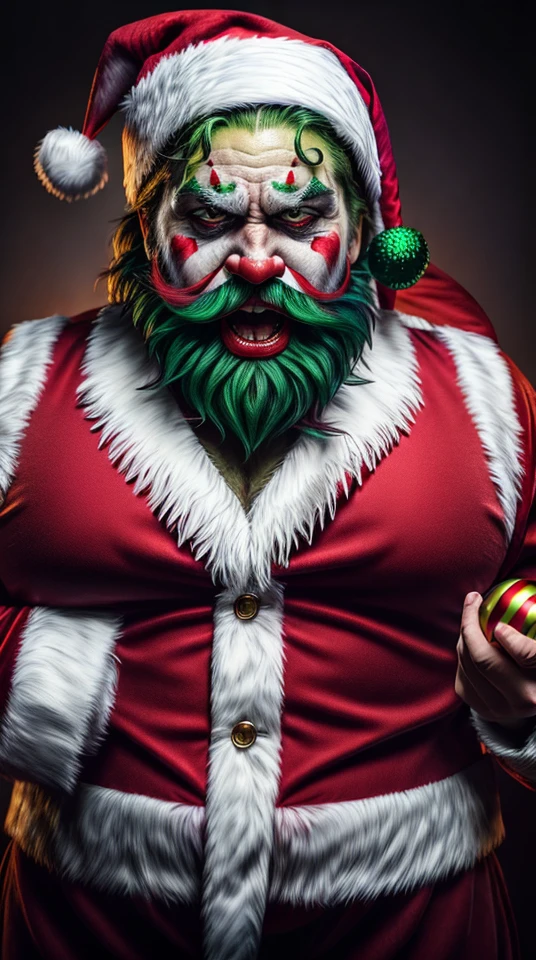 Food photography style Hyperrealistic art photo portrait of (Joker as Hulk), (dressed like Santa Clause: 1.4), (angry:1.4), , diffuse lighting, natural soft colors, hyper-realistic, film grain, highly detailed, photograph with film grain 8k, RAW photo, dslr, realistic, ultra high res:1.2, delicate, colorful, vibrant colors, amazing scene lighting, light_on_front_face:1.3, bokeh), . Extremely high-resolution details, photographic, realism pushed to extreme, fine texture, incredibly lifelike . Appetizing, professional, culinary, high-resolution, commercial, highly detailed