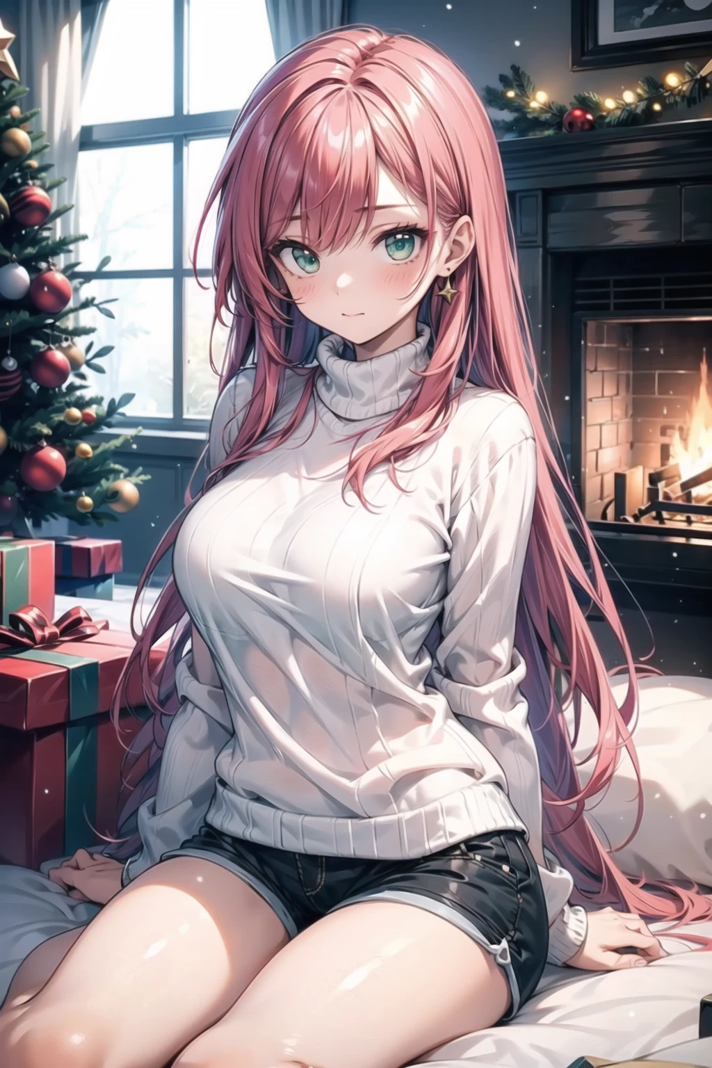 vibrant colors,  female,  masterpiece,  sharp focus,  best quality,  depth of field,  cinematic lighting,  ((solo,  adult woman)),  (illustration,  8k CG,  extremely detailed),  masterpiece,  ultra-detailed,  1 girl,  long hair,  red hair,  flowing hair,  green eyes,  beautiful girl,  Christmas knitted sweater,  Christmas decorations on sweater,  shorts,  fireplace,  big Christmas tree,  window,  winter,<lora:EMS-179-EMS:0.400000>,<lora:EMS-3183-EMS:0.400000>,<lora:EMS-34736-EMS:0.200000>