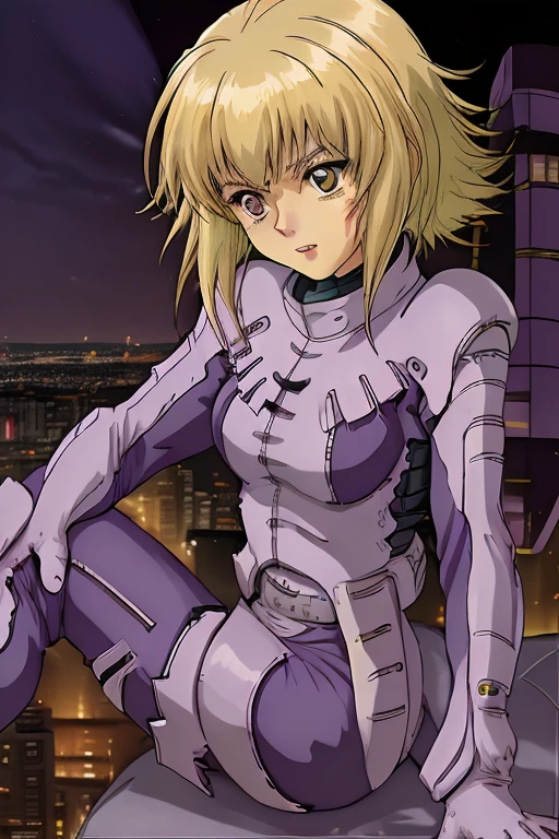 female,Lilia Flaubert,(yellow hair), purple pilotsuit, city view , night, <lora:lila:1>