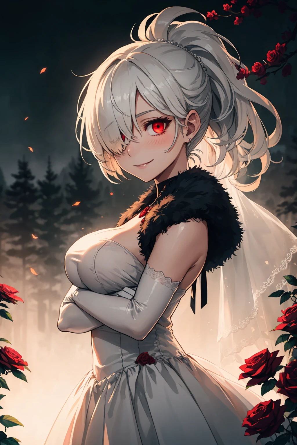1girl, solo, detailed eyes, detailed iris, mature face, mature, detailed face, shining short hair, wild and messy hair, (hair over one eye:1.3), high ponytail, sidelocks, white hair, reddish pink eyes, (glowing eyes:1.3), blush, crazy smile, creepy smile, medium firm breast, white floral long wedding dress, white elbow gloves, rose garden scenery, morning, ink, (blurry background, blurry foreground, depth of field, ambient lighting:1.3), atmospheric, intricate details, cinematic lighting, dripping, traditional texture, leaf, scenery, swirling mist, (rainbow mist:1.2), ink, (sfw), <lora:Ink scenery:0.8>