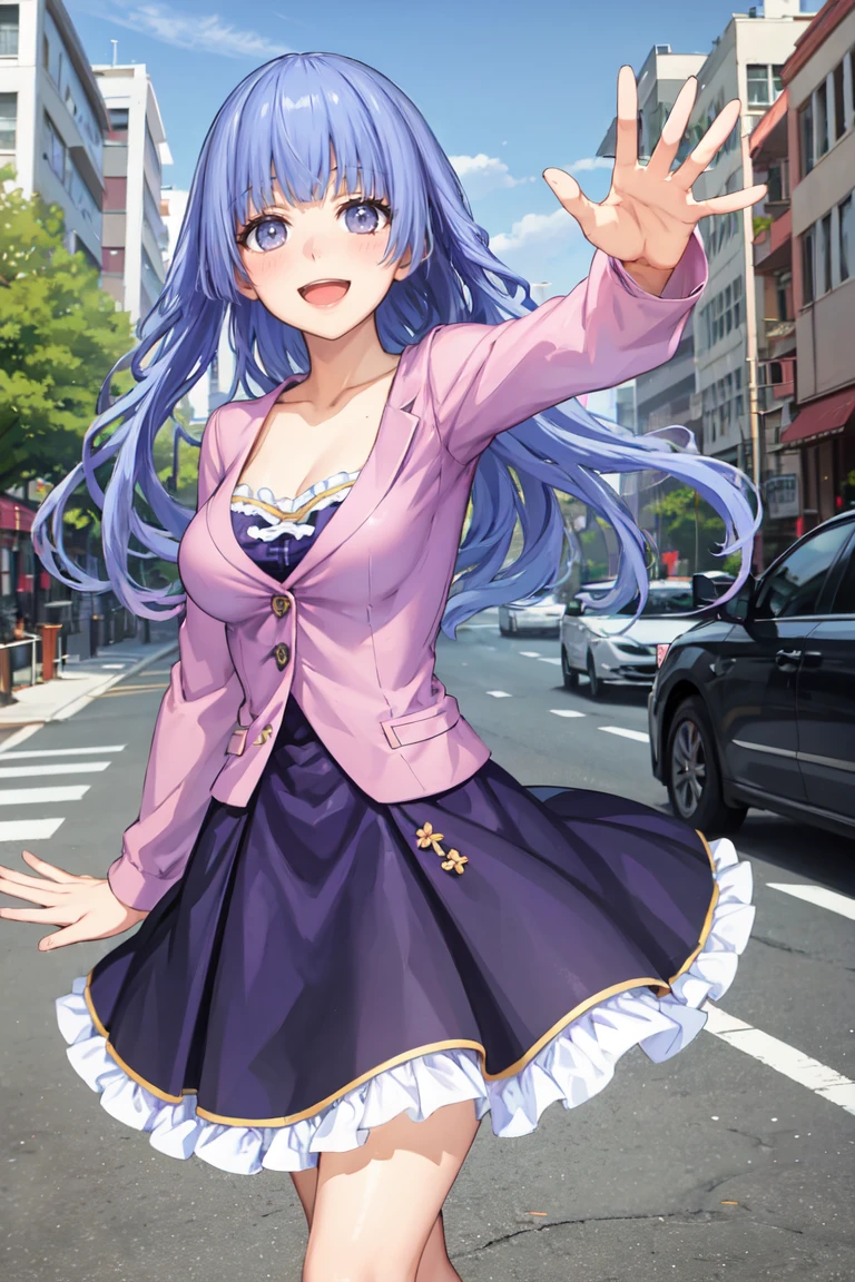 masterpiece, best quality, absurdres, IzayoiCasual, purple dress, pink jacket, standing, outdoors, waving at viewer, smile, :d, blush, <lora:IzayoiMiku:1>