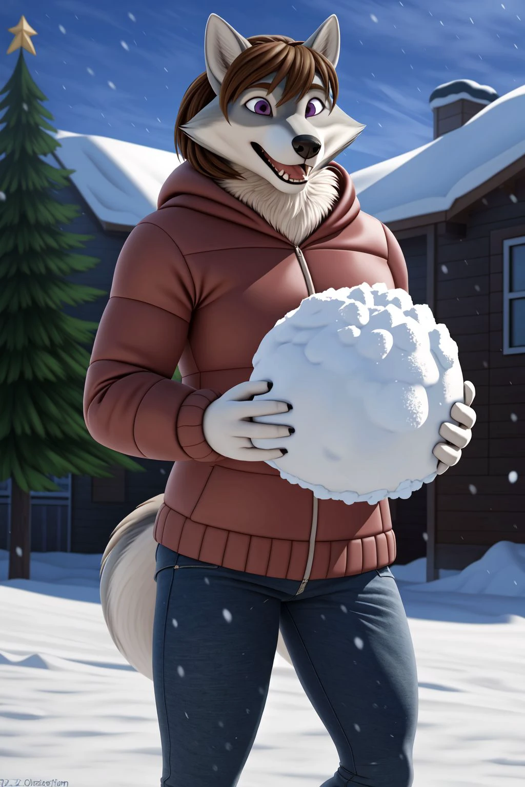 ((masterpiece)), best quality, 1girl, female, solo, (wolf, brown hair, purple eyes) standing, (snowball fight:1.2, snowball, snowman), face focus, winter clothes, pants, (detailed background, 4k, 8k, cinematic, realistic-like, 3d), winter, snow, christmas, christmas tree, house,  <lora:chloe_shiwulfV1.3:0.65>