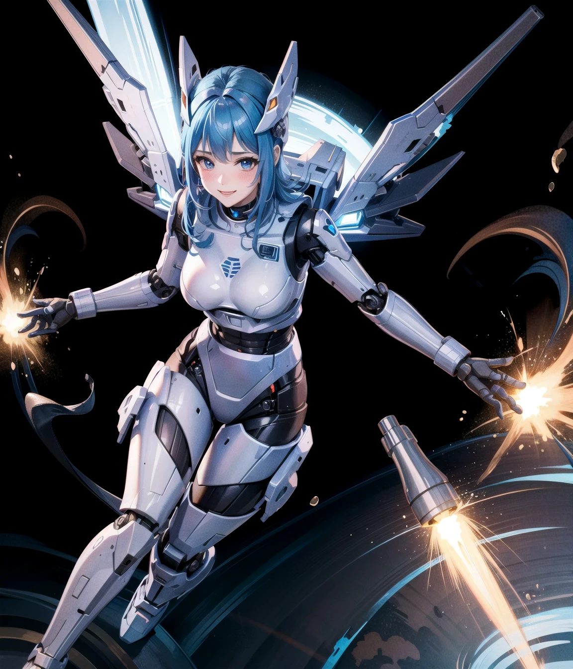 In the best illumination, this official art captures the moment when the elegant extraterrestrial robot girl is smiling confidently. Titanium skin is highlighting her artificially-carved perfect female body proportion. Robot girl is hovering by rocket booster bulit in her mechanical boots, while mechanical wings also operated.<lora:Blue Robot Girl:0.55>, robot girl, (yuko(pixiv):1.4), android, mechanical wings, robot ears, blue hair, metal skin, glowing armor, reflective sheen, polishing, titanium, flying, direct flash photography