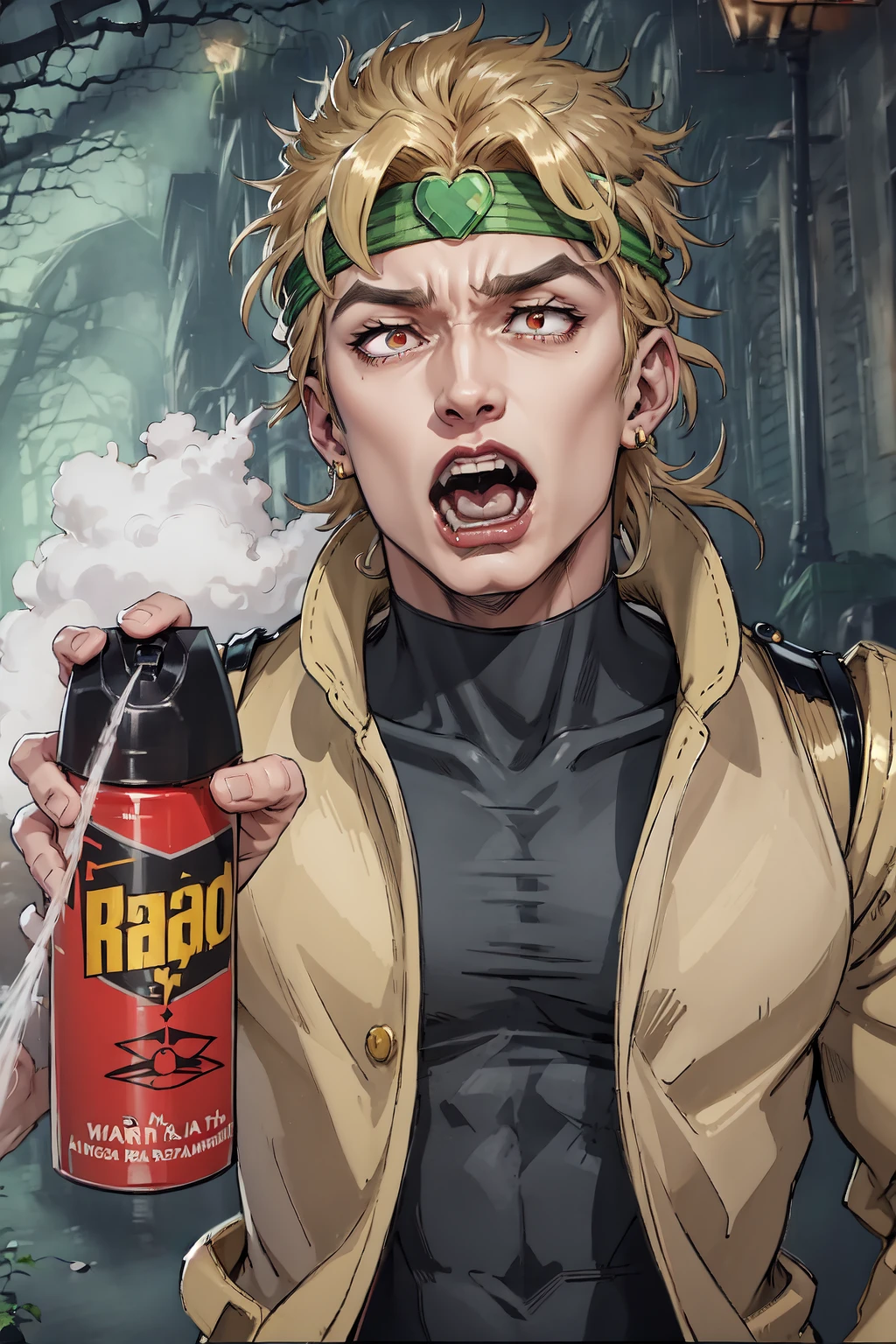 IncrssprayRaid, <lora:VictorVanDortSprayingRaidAndScreamingMeme:1>, open mouth, holding, dio, jacket, headband,  <lora:Char_Sigmas_Dio:0.9>