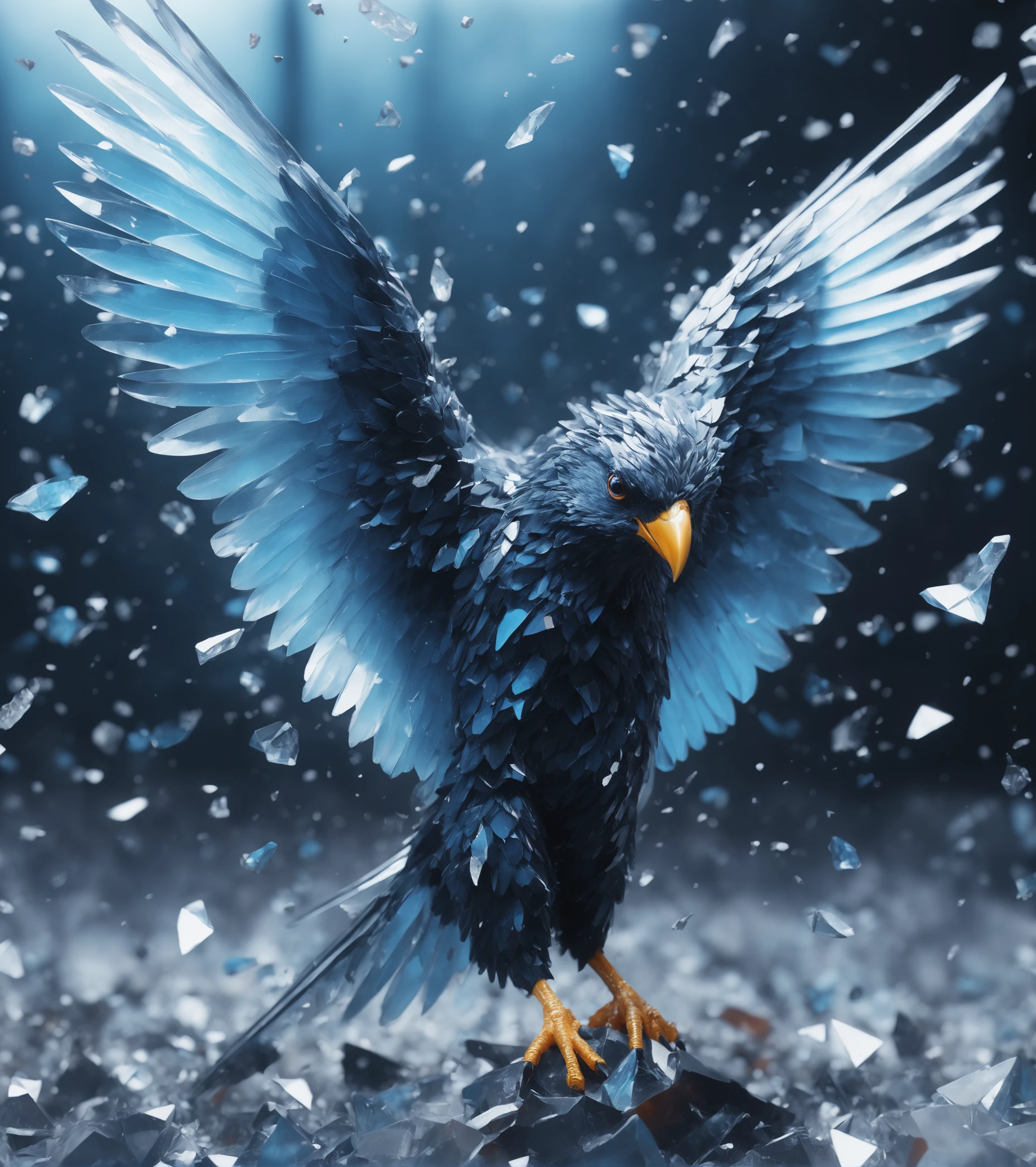Made_of_pieces_broken_glass solo,wings,blurry,no humans,bird,animal focus,debris,beak,shards, <lora:Made_of_pieces_broken_glass-000001:0.8>