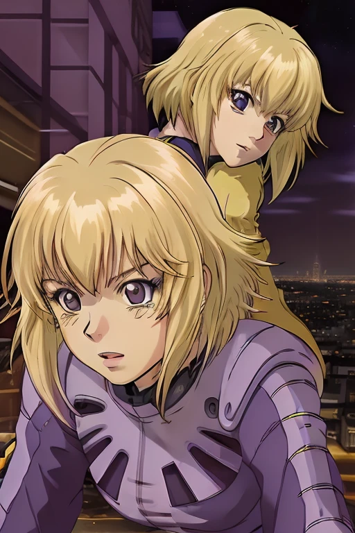 female,Lilia Flaubert,(yellow hair), purple pilotsuit,  city view , night,  <lora:lila:1>