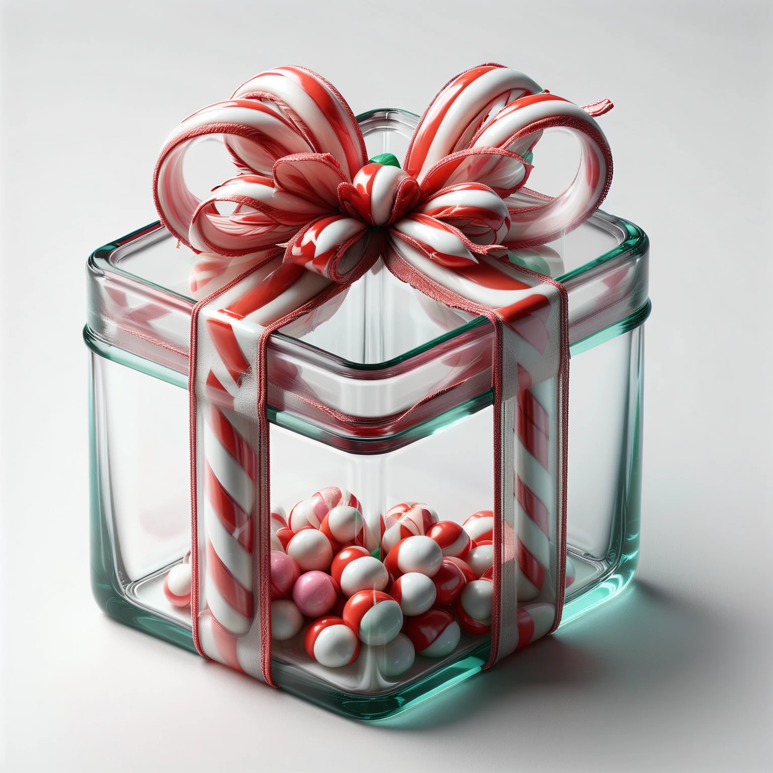 instant present, clear glass box, candy cane bow