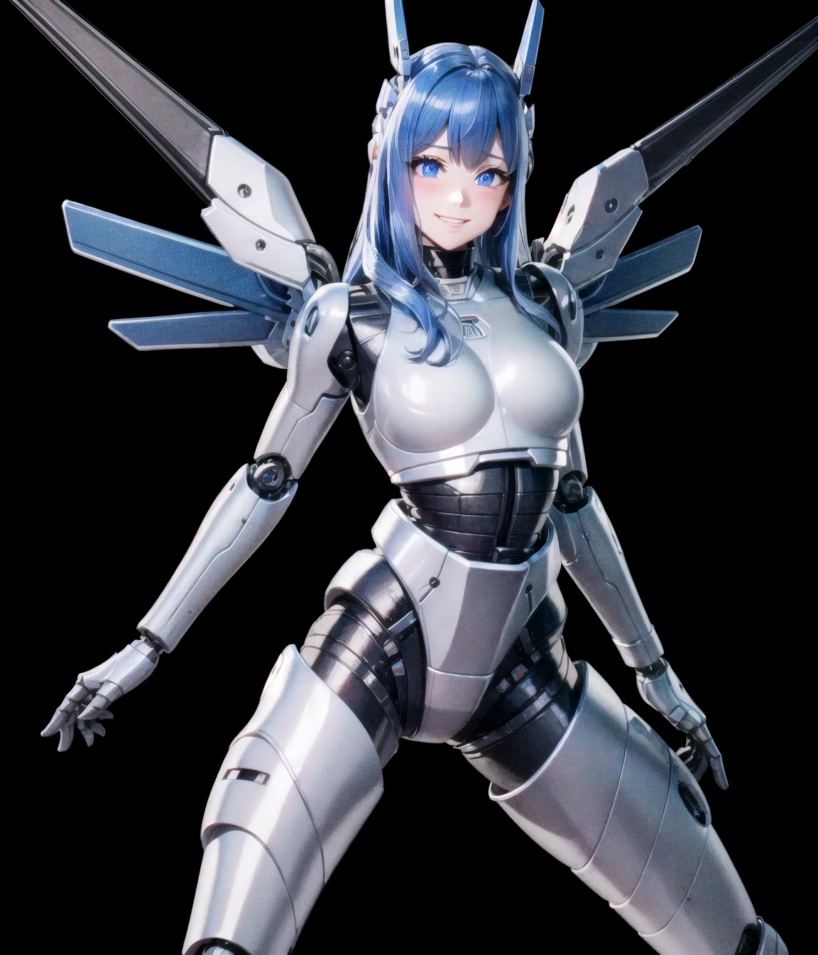 In the best illumination, this official art captures the moment when the elegant extraterrestrial robot girl is smiling confidently. Titanium skin is highlighting her artificially-carved perfect female body proportion. Robot girl is hovering by rocket booster bulit in her mechanical boots, while mechanical wings also operated.<lora:Blue Robot Girl:0.55>, robot girl, (yuko(pixiv):1.4), android, mechanical wings, robot ears, blue hair, metal skin, glowing armor, reflective sheen, polishing, titanium, flying, high key brightly lit