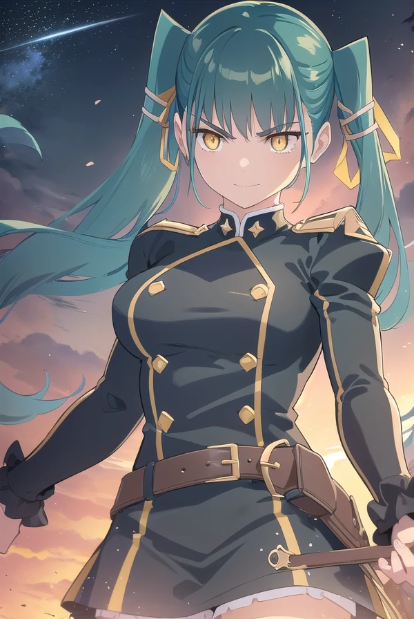 yachihoazuma, <lora:yachiho azuma manga-lora-nochekaiser:1>,
yachiho azuma, long hair, twintails, hair ribbon, (aqua hair:1.5), (yellow eyes:1.5), smile, smirk,
BREAK thighhighs, gloves, jewelry, earrings, boots, shorts, belt, uniform, military, military uniform, thigh boots, epaulettes, black military uniform,
BREAK outdoors, space, starry sky, star \(sky\), moon,
BREAK looking at viewer, (cowboy shot:1.5),
BREAK <lyco:GoodHands-beta2:1>, (masterpiece:1.2), best quality, high resolution, unity 8k wallpaper, (illustration:0.8), (beautiful detailed eyes:1.6), extremely detailed face, perfect lighting, extremely detailed CG, (perfect hands, perfect anatomy),