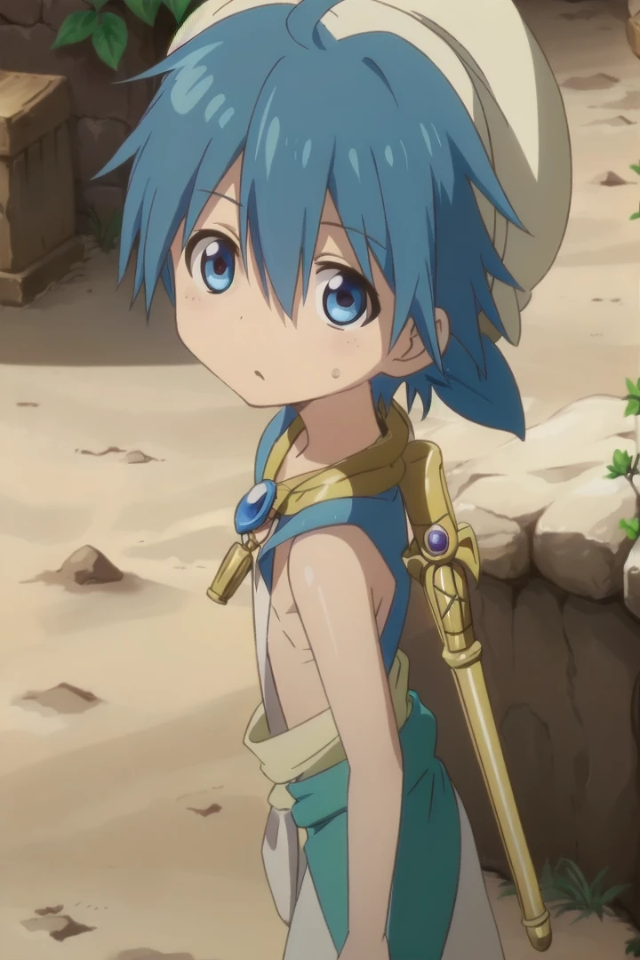 <lora:aladdinsd:0.6>
standing in desert town, magi_aladdin, solo, looking at viewer, 1boy, hat, blue hair, male focus, close-up, turban, wearing a flute as pendant around his neck,