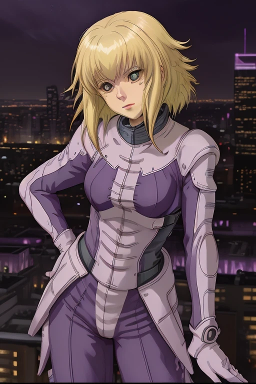 female,Lilia Flaubert,(yellow hair), purple pilotsuit,  city view , night,   <lora:lila-000006:1>