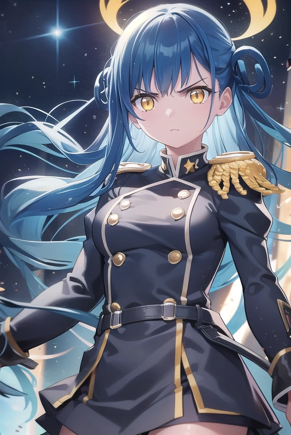 himariazuma, <lora:himari azuma manga-lora-nochekaiser:1>,
himari azuma, long hair, hair rings, (blue hair:1.5), (yellow eyes:1.5), frown, angry,
BREAK skirt, thighhighs, epaulettes, military, military uniform, black uniform,
BREAK outdoors, space, starry sky, star \(sky\), moon,
BREAK looking at viewer, (cowboy shot:1.5),
BREAK <lyco:GoodHands-beta2:1>, (masterpiece:1.2), best quality, high resolution, unity 8k wallpaper, (illustration:0.8), (beautiful detailed eyes:1.6), extremely detailed face, perfect lighting, extremely detailed CG, (perfect hands, perfect anatomy),