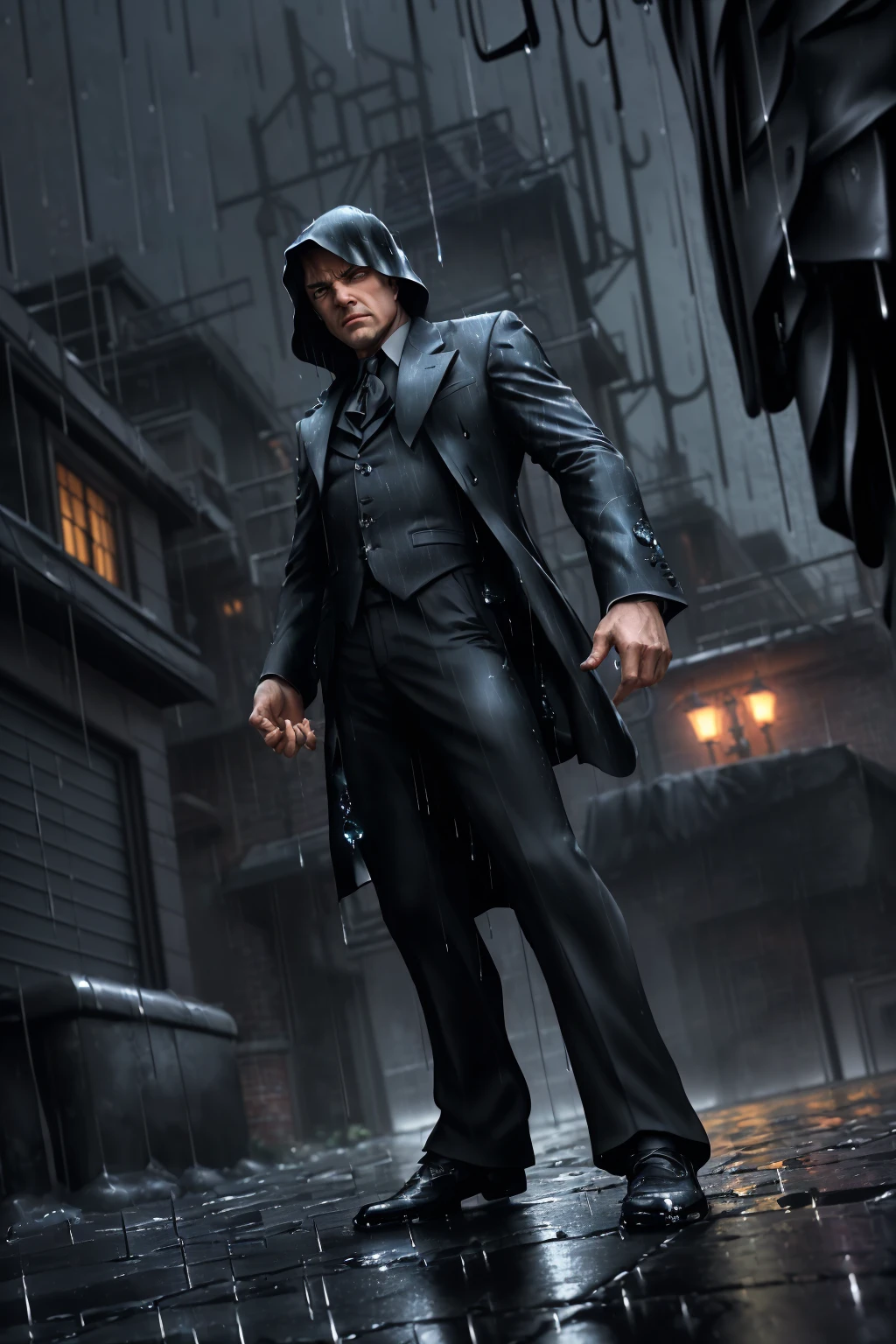 (Style-DA:1.4) zrpgstyle, action, cloaked man, wearing a black suit, standing in a dark alley lit by streetlight overhead, (rain drops in the foreground:1.5), dark background, (masterpiece) (best quality) (detailed) (intricate)