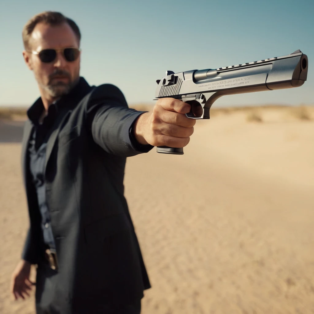 cinematic film still of <lora:Desert Eagle:1.2>
a man pointing a gun at the camera Desert Eagle pistol, shallow depth of field, vignette, highly detailed, high budget, bokeh, cinemascope, moody, epic, gorgeous, film grain, grainy