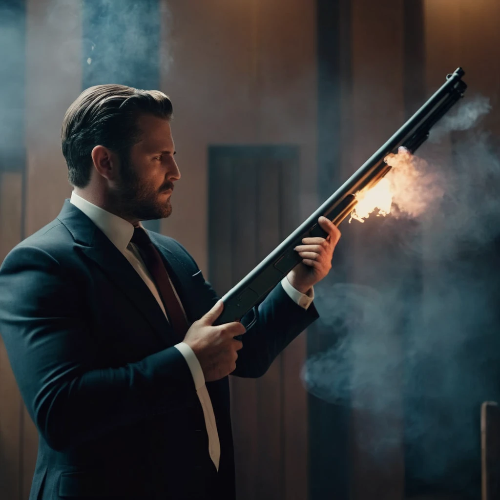 cinematic film still of <lora:Shotgun:1.5>
Shotgun a man in a suit holding a shotgun with smoke in background perfection, shallow depth of field, vignette, highly detailed, high budget, bokeh, cinemascope, moody, epic, gorgeous, film grain, grainy