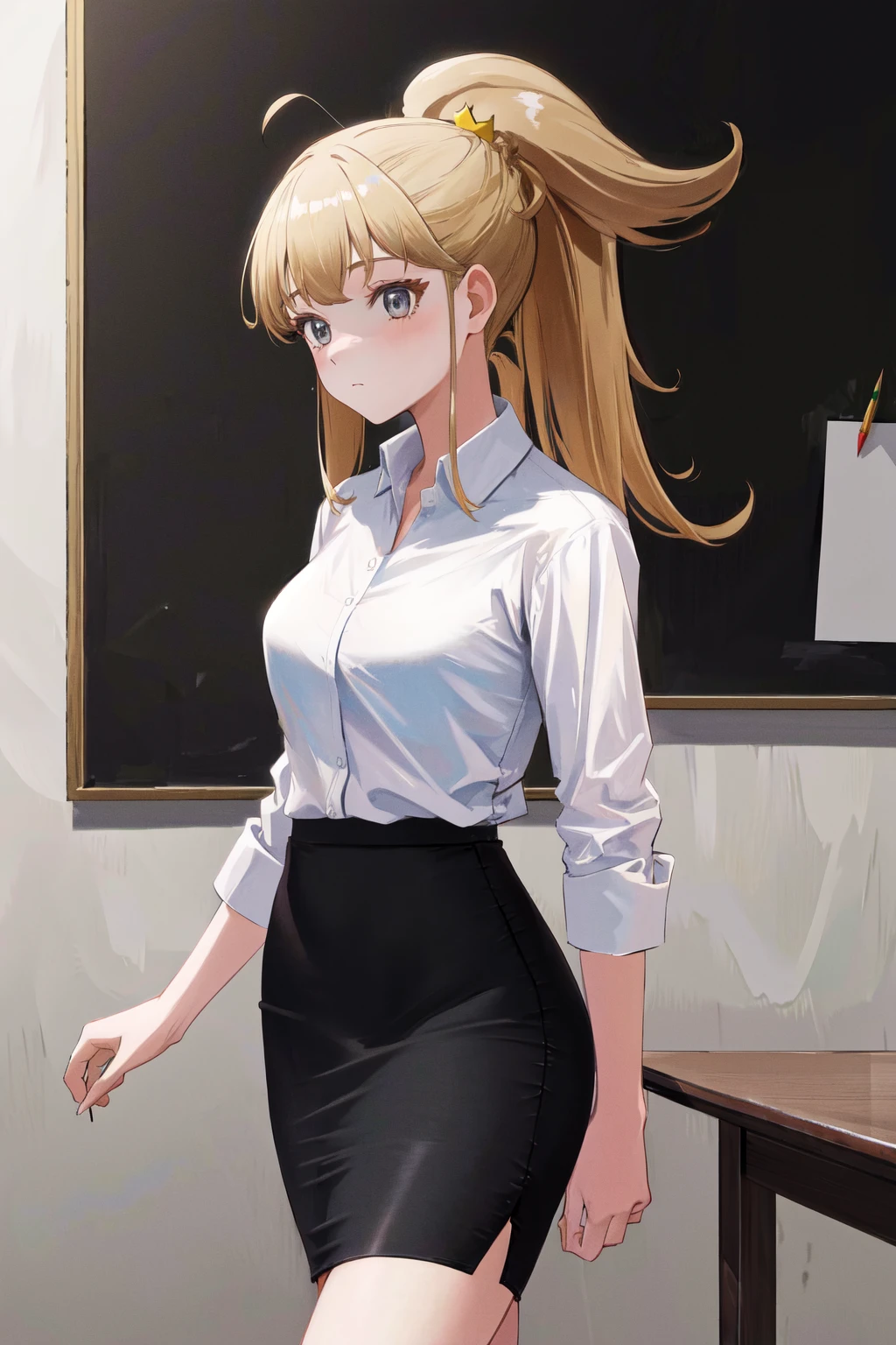 masterpiece, best quality, highres, 1girl ponytail hair ornament <lora:krystal_kekkon_yubiwa_no_outfit:1> white shirt, pencil skirt