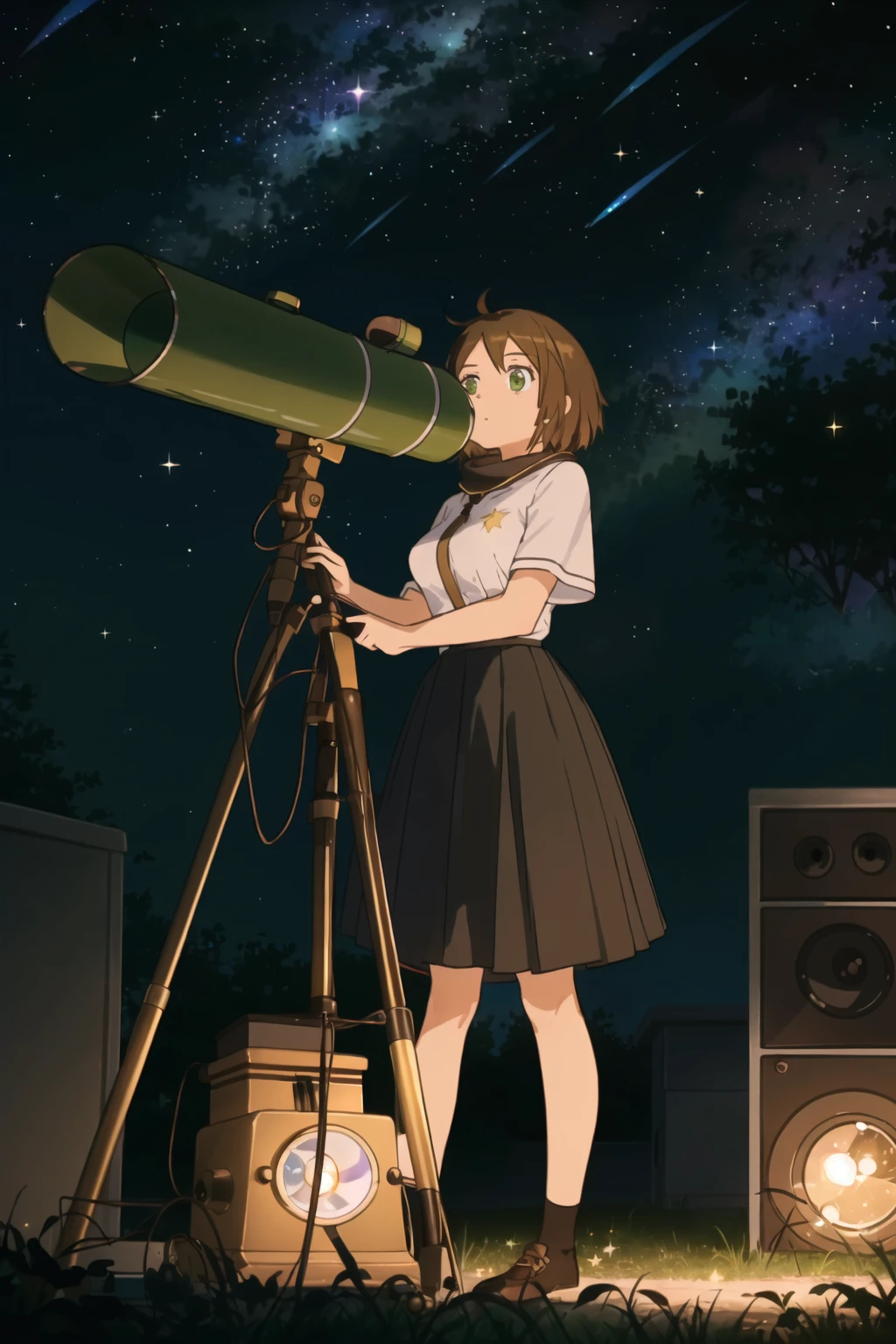 best quality,masterpiece,huge filesize,(full body:1.2),
depth of field,<lora:103423215:0.5>,1girl,breasts,<lora:005-浪漫追æç¤¾-æéç¾æV2:0.75>,akeno mihoshi,brown hair,short hair,green eyes,(solo:1.2),
A girl looks at the starry sky with a telescope. At night,the sky is full of stars,and the open lawn is covered with a stereo telescope,