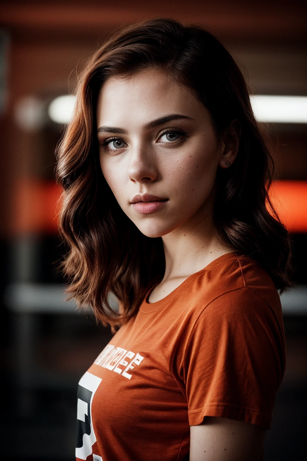 photo of (blw1d0w-135:0.99), closeup portrait, perfect hair, (modern photo, Rustic Red graphic tee), 24mm, (analog, cinematic, film grain:1.3), ((plain Red Orange background, natural light, illuminated:1.1)), detailed eyes, (seductive pose), (epicPhoto), upper body, ((looking at viewer:1.2))
