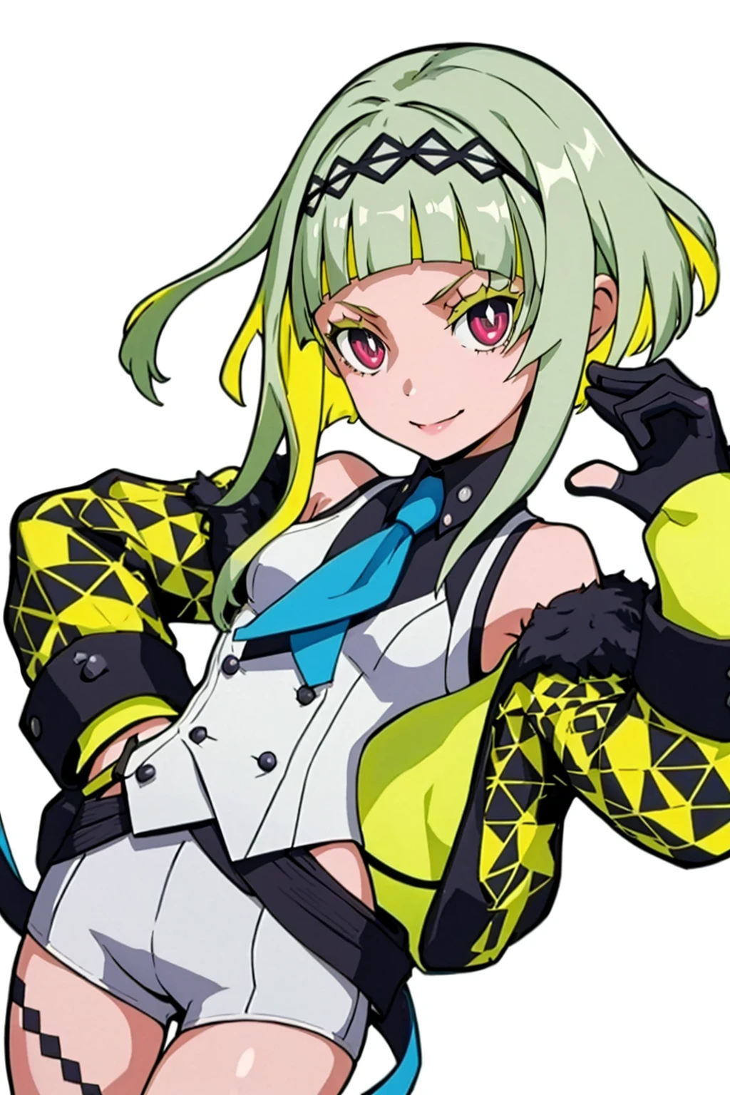 masterpiece, best quality, solo, 1girl, smile, looking at viewer, <lora:Ringo_Fp:1>, ringosh2, shirt, jacket, black gloves, necktie, hairband, white shorts, <lora:P5-tactica_Fp:1>, simple background,