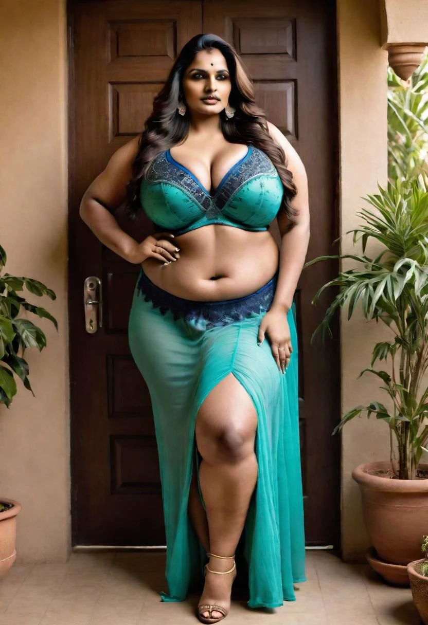 Beautiful indian bbw in petticoat, bra, long hair, plants, near door -  SeaArt AI
