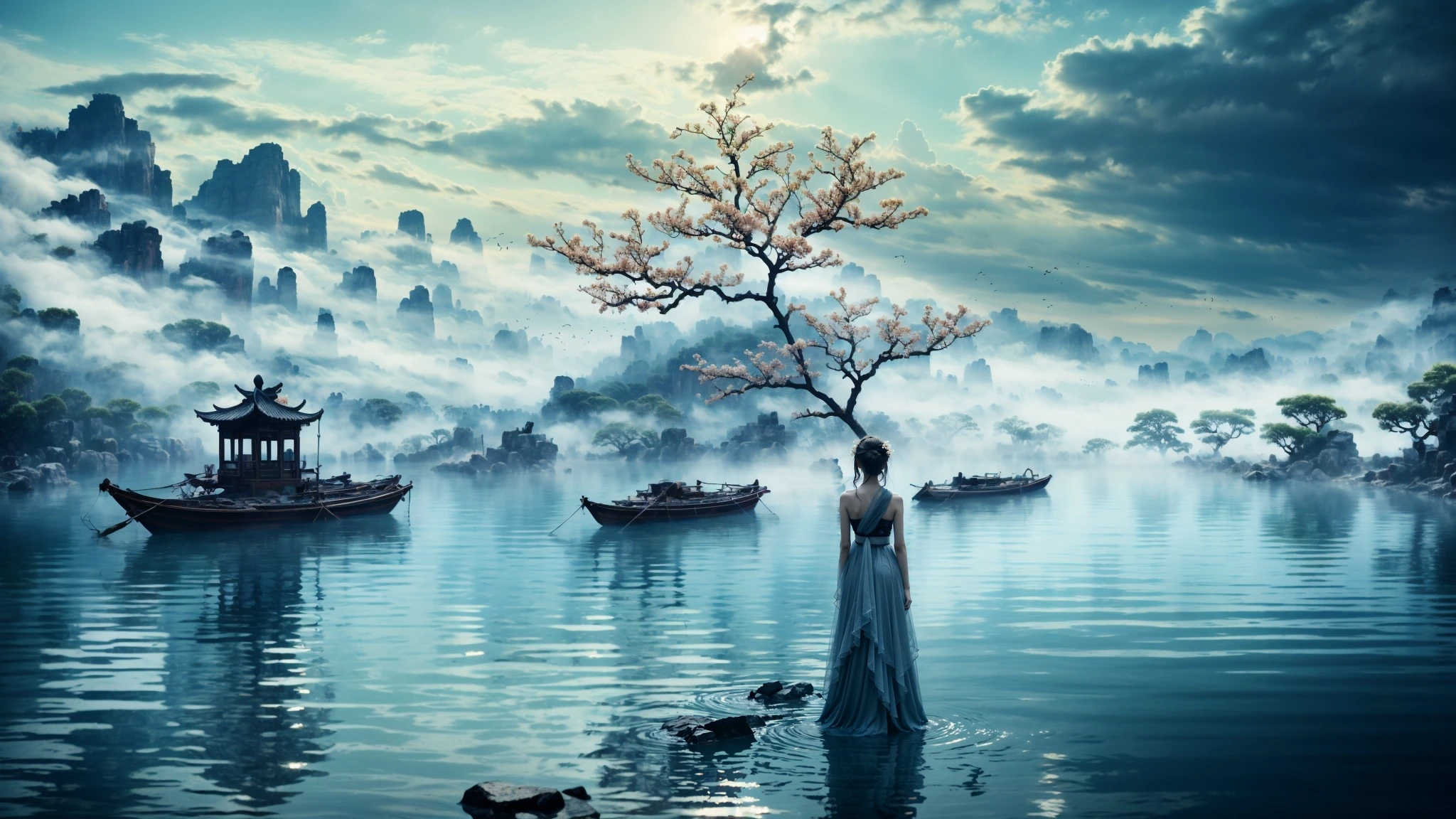 traditional chinese landscapemasterpiece, best quality,Peach blossoms, petals falling(wide shot, wide-angle lens,Panoramic:1.2),super vista, super wide AngleLow Angle shooting, super wide lens, 1girl, art direction of a character in traditional oriental costume, in the style of ethereal, ghostly figures, mist, i can't believe how beautiful this is, white and gray, swirling vortexes, ethereal cloudscapes, feminine sensibilities
<lora:~Q?-l4Nafo traditional chinese landscape:0.8>