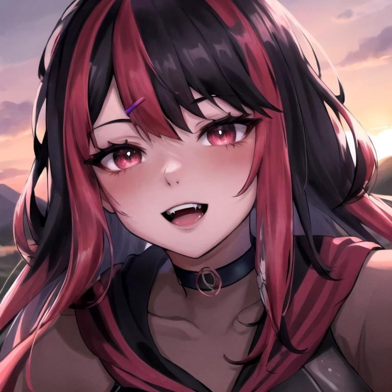 gxaura, looking at viewer, smile, open mouth, sunset, hair ornament, mountain scenery, teeth, choker, hairclip, hood down, fangs, black choker, portrait, <lora:GX_Aura:0.9> EyeDetail fcPortrait fFaceDetail