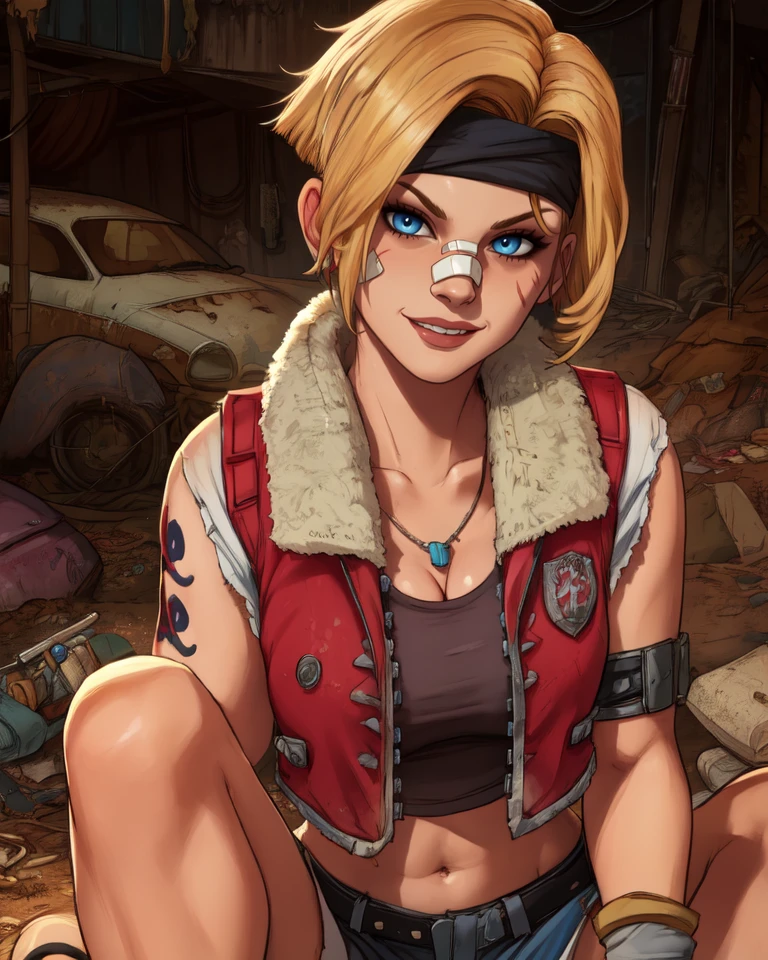 Janey,blonde hair,blue eyes,short hair,right shoulder tattoo,
bandaid on face,scars,cleavage,necklace,
crop top,cropped vest,black headband,fingerless gloves,
smile,sitting,
wasteland,junkyard,
(insanely detailed, beautiful detailed face, masterpiece, beautiful detailed eyes, best quality),<lora:JaneySprings:0.8>,
