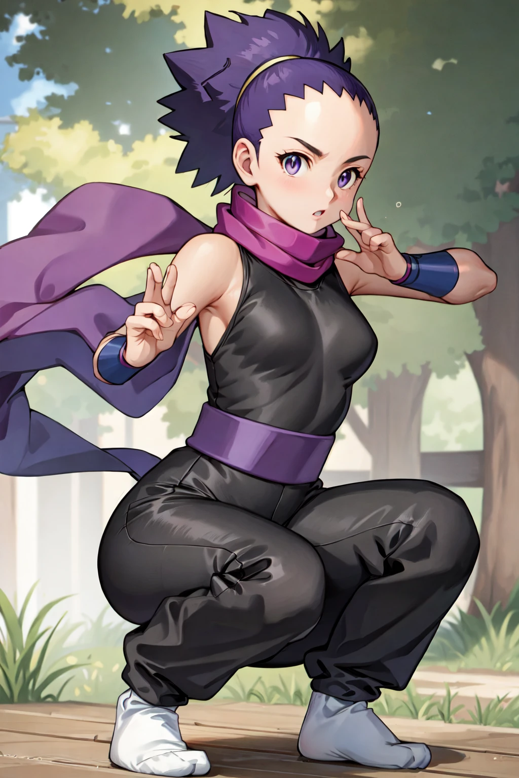 solo,  janine,  japanese clothes,  bodysuit under clothes,  black shirt,  black pantss,  purple scarf,  sash,  ninja,  forest,  crouching,  full body,  socks,<lora:EMS-216237-EMS:0.600000>