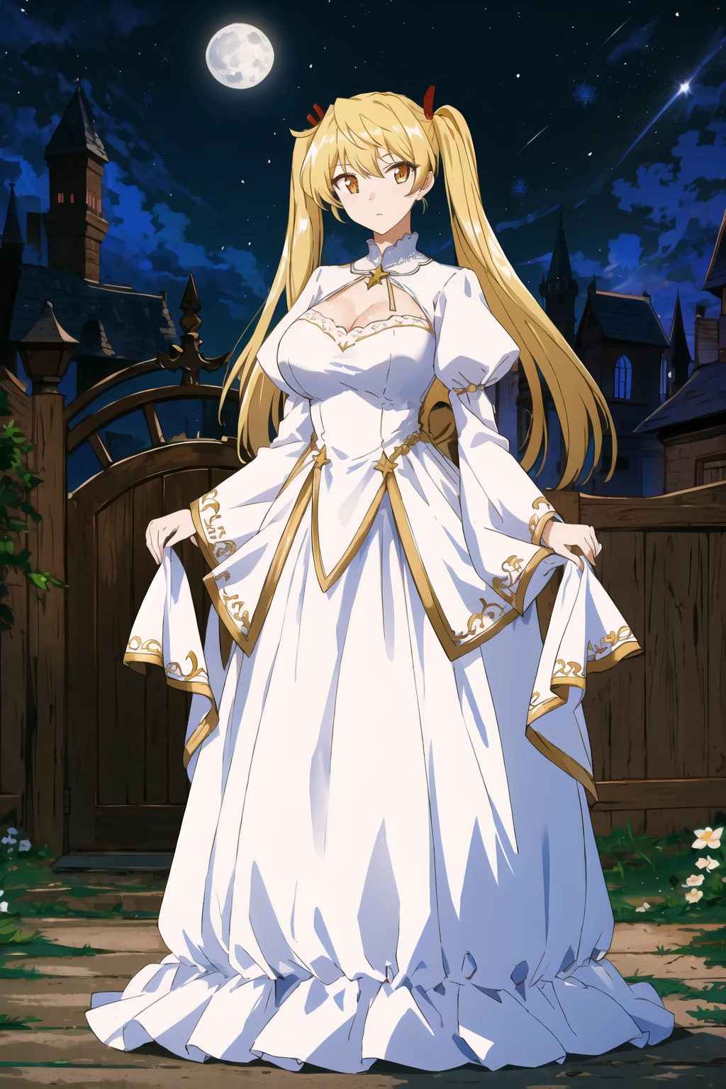 best quality,masterpiece,looking at viewer,huge filesize,(full body:1.1),
depth of field,<lora:103423215:0.5>,1girl,breasts,1girl,wedding dress,Forest Castle,Castle Gate,The Middle Ages,A girl in a wedding dress standing at the castle gate,Night,starry sky,Moon,<lora:002-æ ¡åæ¨¡ç³å¤§ç-æ³½è¿ç±çV2:0.7> ,sawachika eri,blonde hair,twintails,orange eyes,long hair,